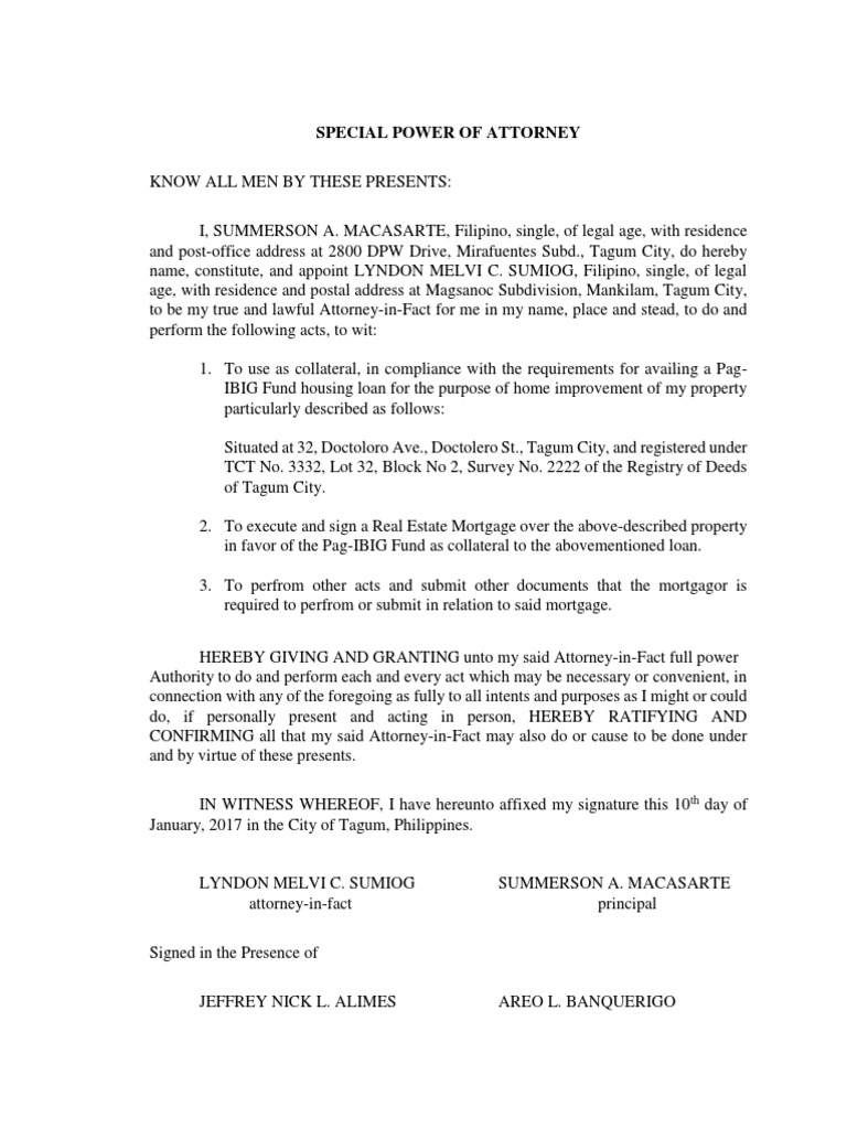 SPA Purpose Real Estate Mortgage PDF Mortgage Law Power Of Attorney