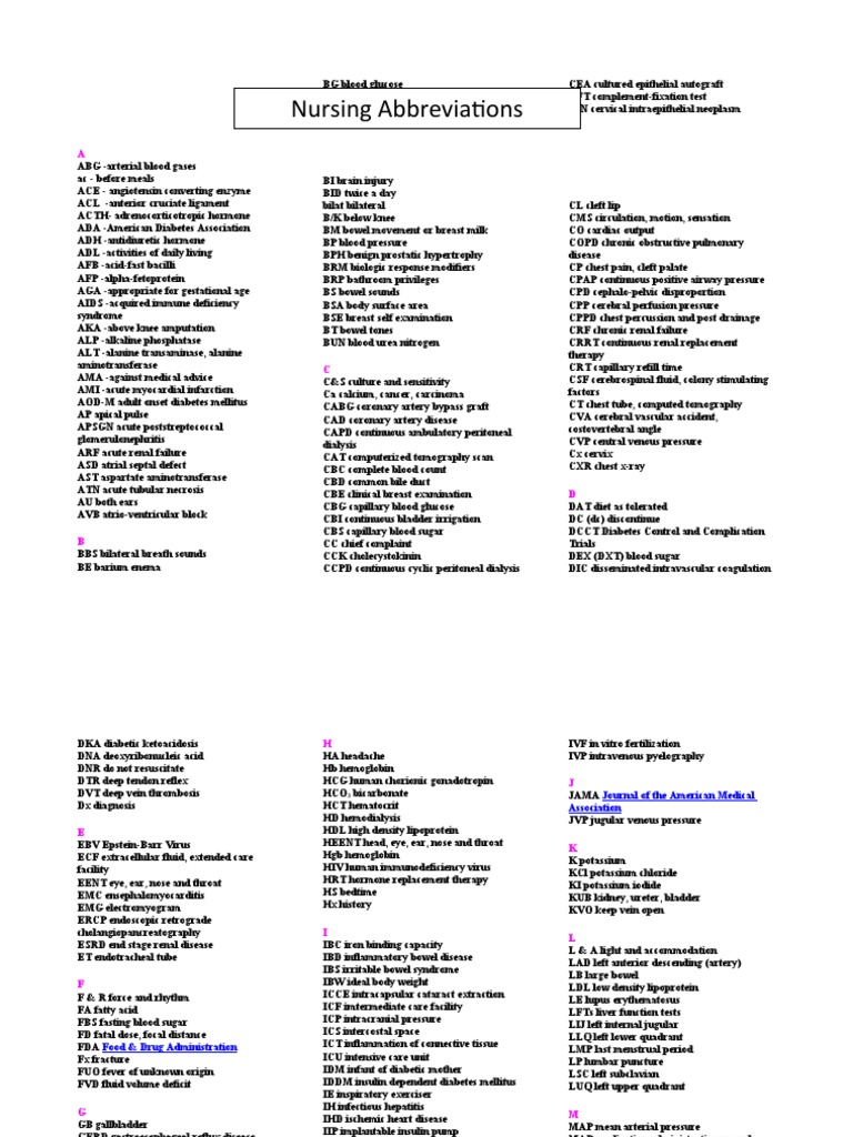 Nursing Abbreviations | PDF | Kidney | Diabetes Mellitus