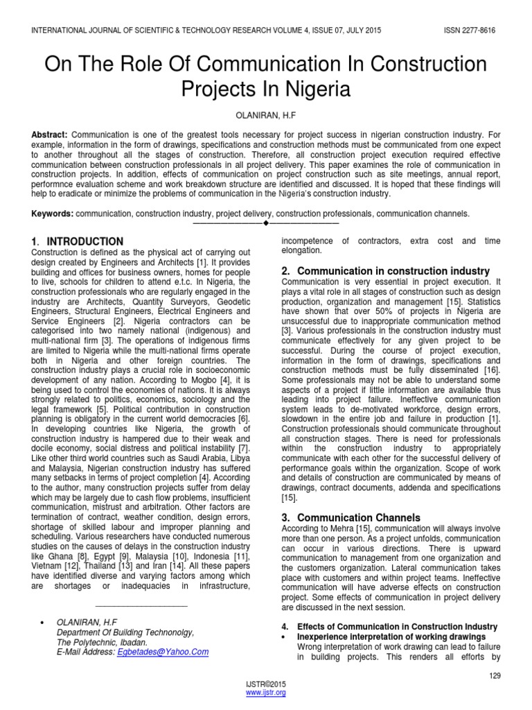 On The Role of Communication in Construction Projects in Nigeria PDF ...