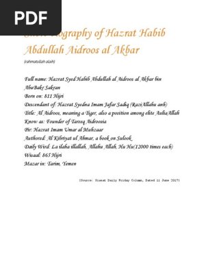 Short Biography of Hazrat Abdullah Aid Roos