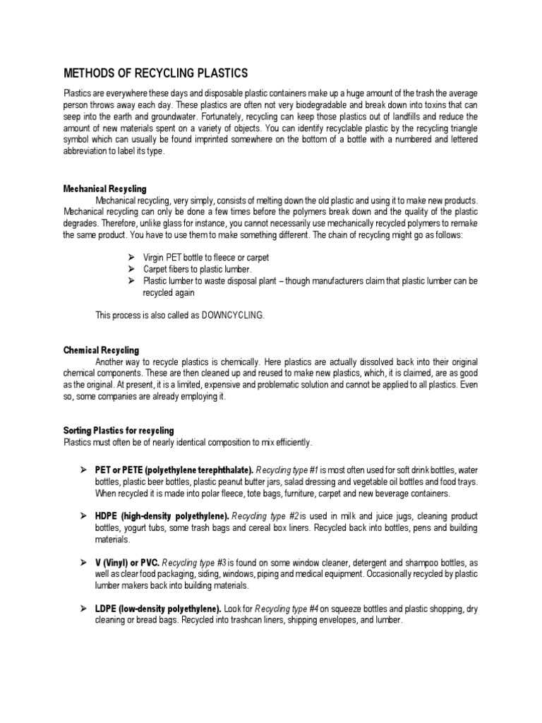 Methods of Recycling Plastics PDF Recycling Plastic