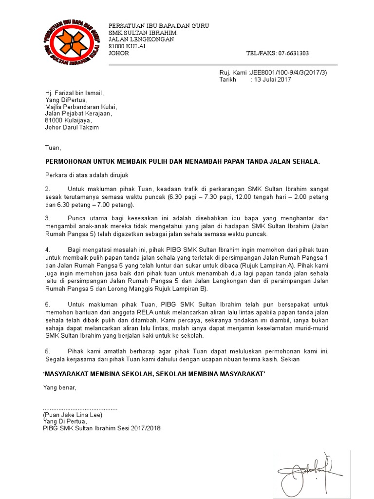 Surat Kepada Mbsa Kebenaran Memasang Papan Tanda