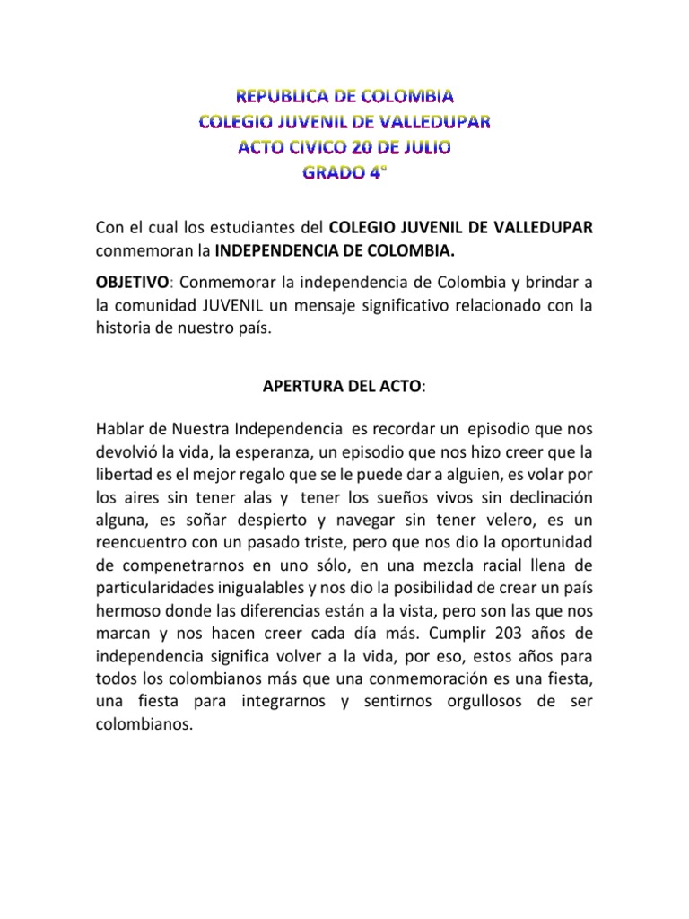 Acto Cívico 20 de Julio | PDF | Colombia | Religión y creencia