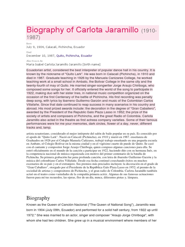 Biography Of Carlota Jaramillo Pdf Ecuador Leisure