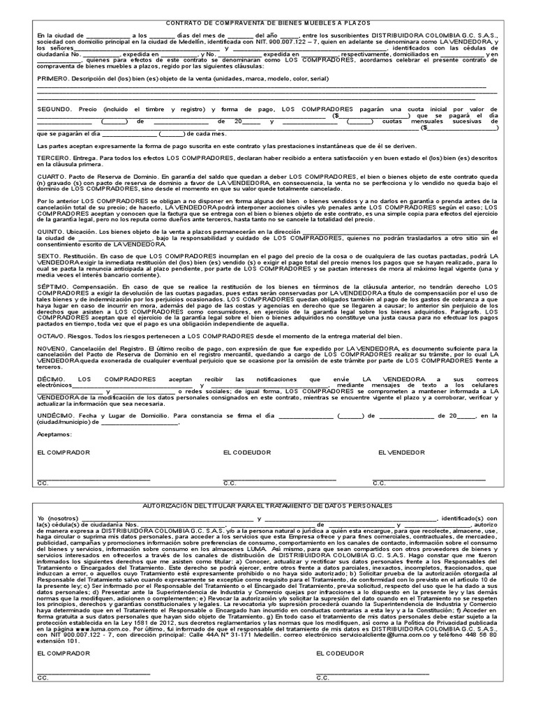 Contrato de Compraventa de Bienes Muebles A Plazos | PDF | Derecho civil  (sistema legal) | Derecho privado