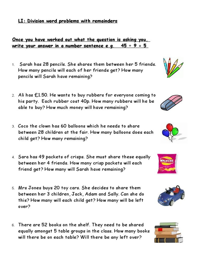 Division Word Probs With Remainders | PDF