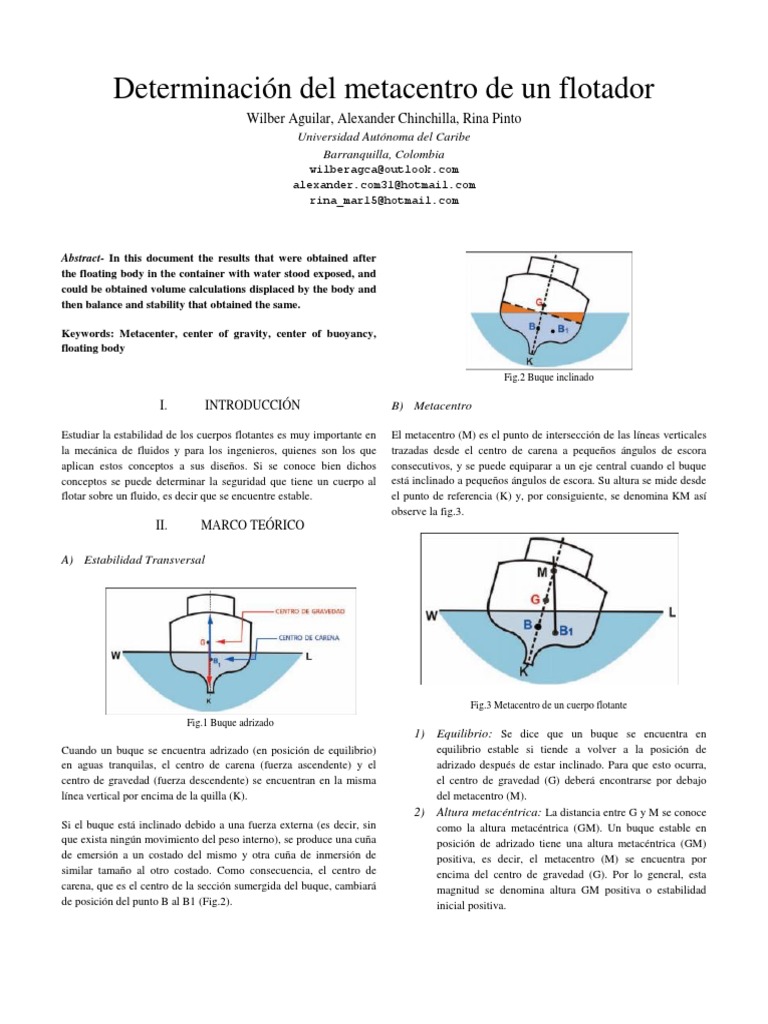Determinación del Metacentro en Flotadores | PDF | Centro de masa | Buques