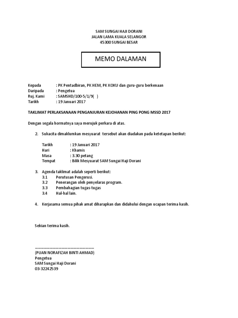 Memo Dalaman Penganjuran Ping Pong PDF