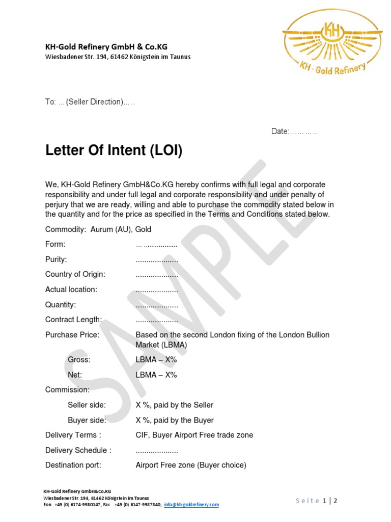 KH-Gold Refinery LOI for Gold Purchase | PDF | Sales | Market (Economics)