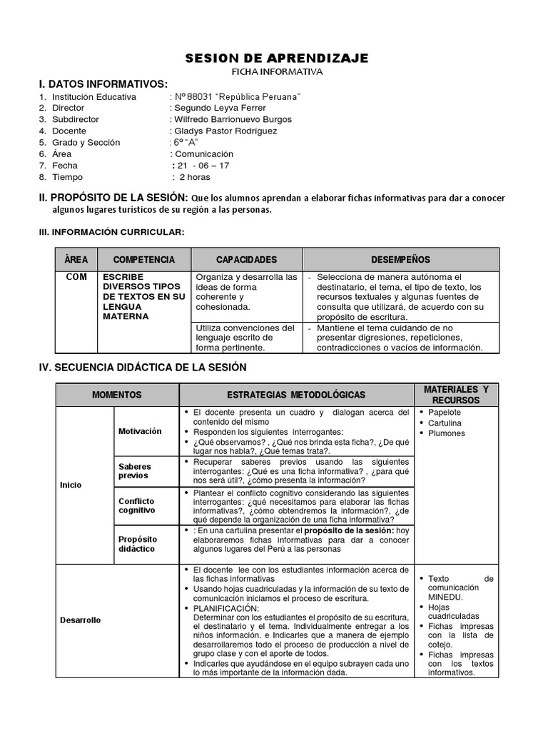 Sesion De Aprendiza Fichas Informativas Docx Maestros Informacion