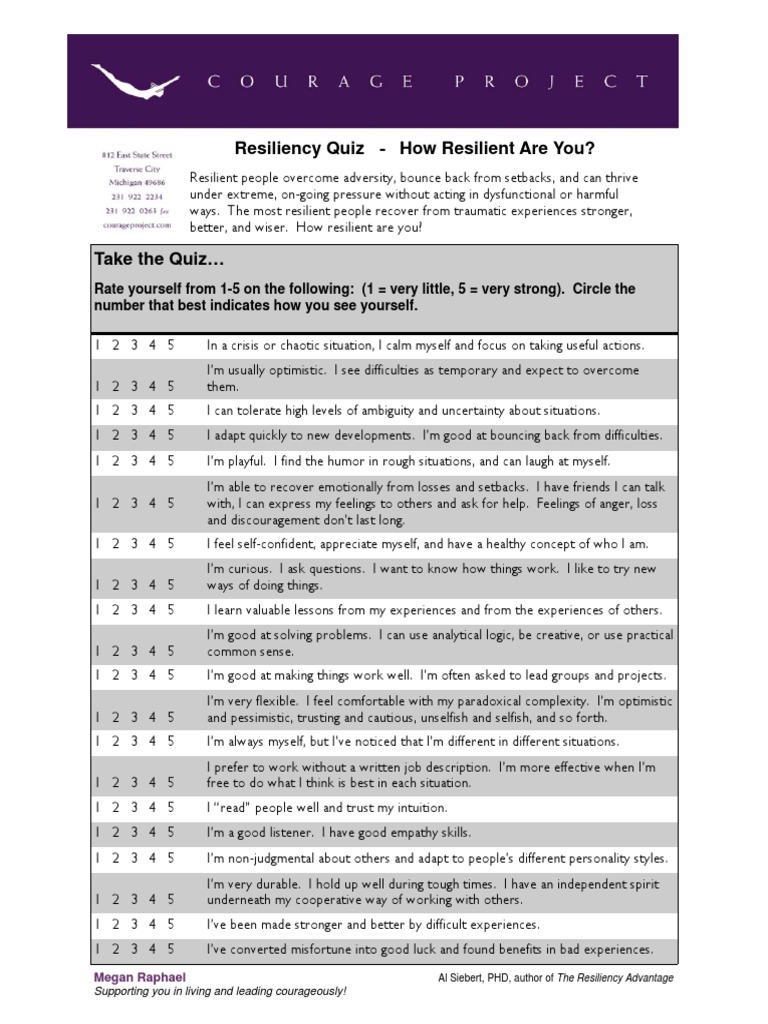 Resiliency Quiz PDF Self Esteem Psychological Resilience