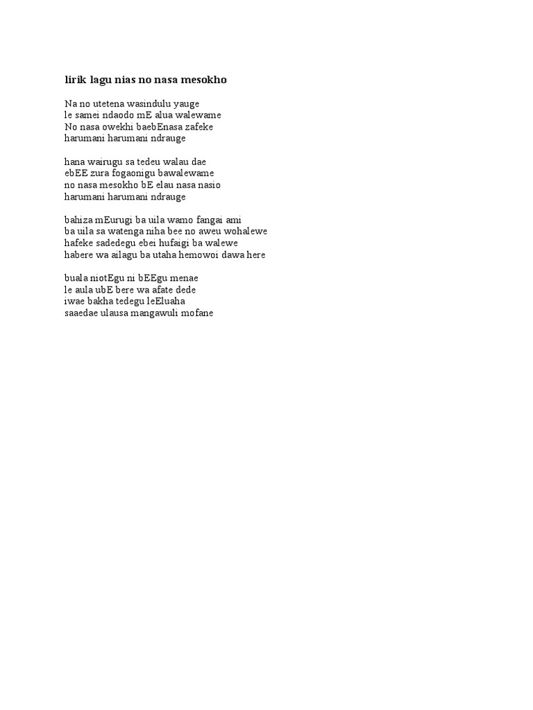Lirik Lagu Nias No Nasa Mesokho PDF