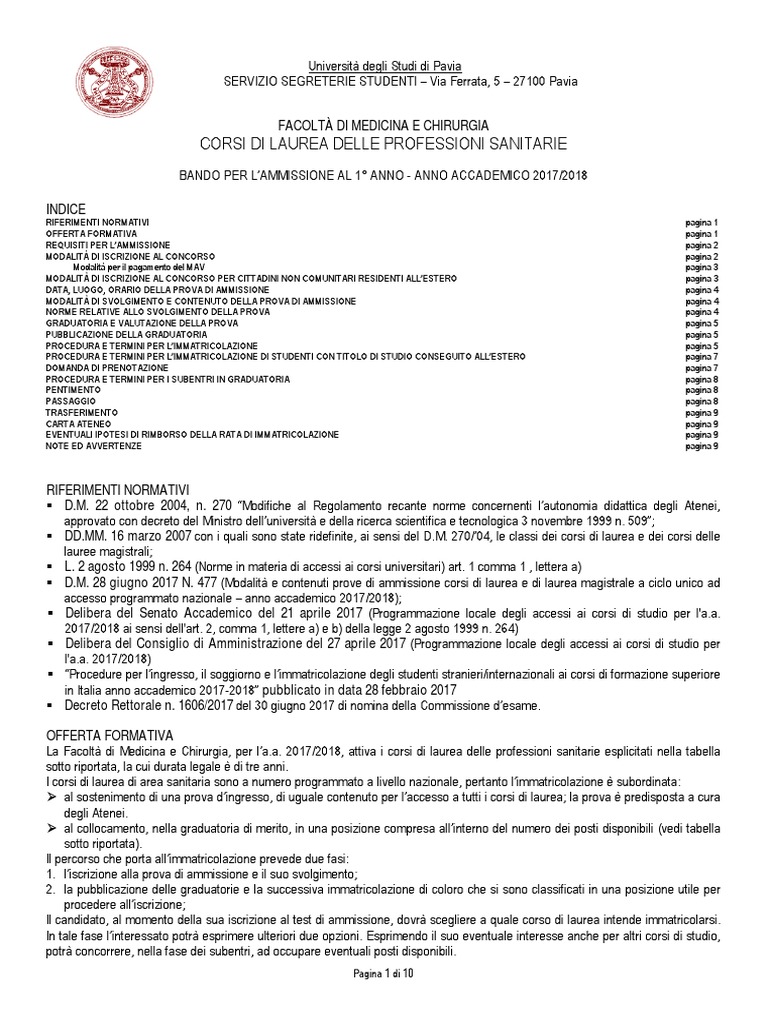 Bando Professioni Sanitarie 2017 18 Universita Di Pavia
