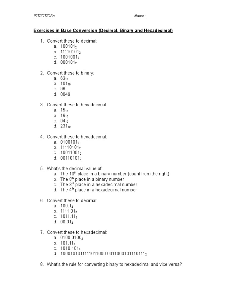Base Conversion Exercises Worksheet | PDF | Teaching Methods ...