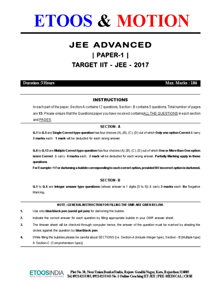2017 Sample Paper 1 Jee Advanced Maths | PDF | Trigonometric Functions ...
