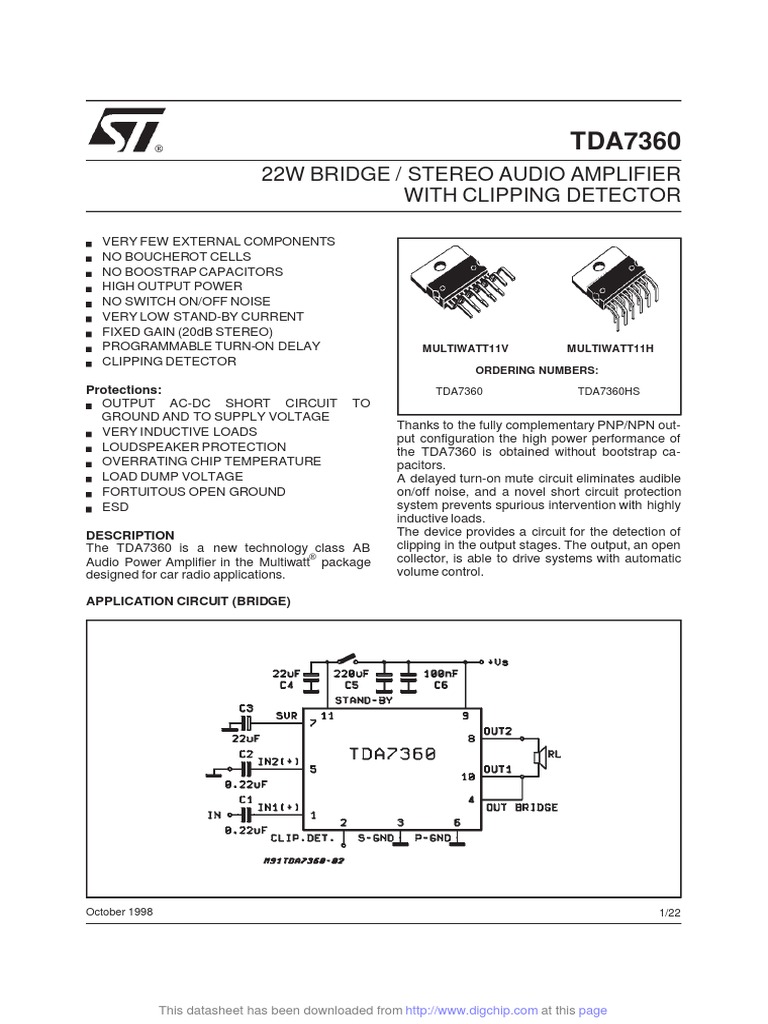 22W Bridge / Stereo Audio Amplifier With Clipping Detector Protections
