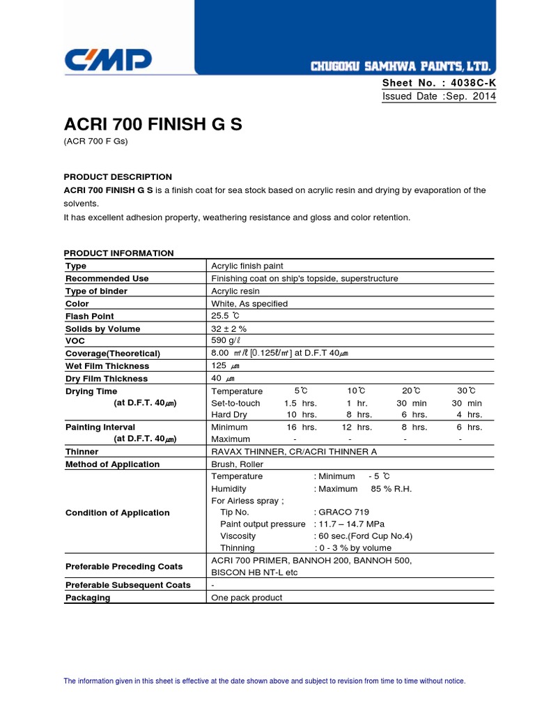 ACRI 700 Finish Technical Data Sheet | PDF | Paint | Materials