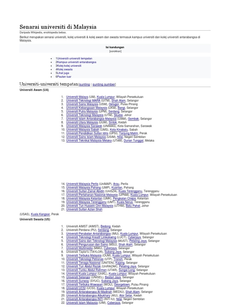 Senarai Universiti Di Malaysia | PDF
