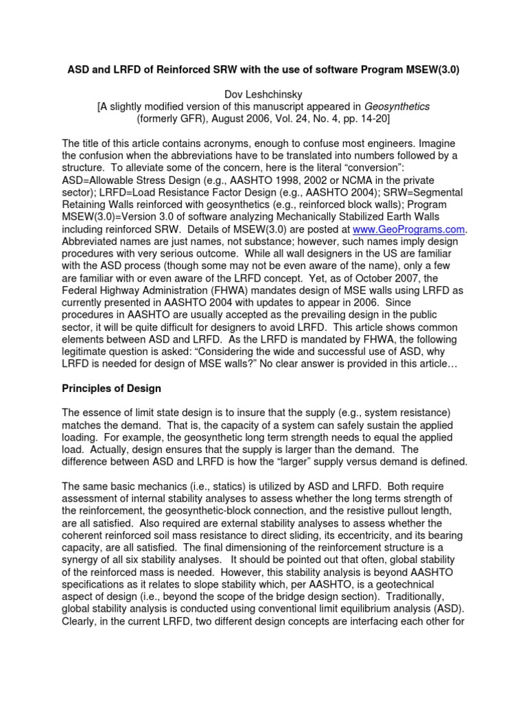 ASD and LRFD of Reinforced SRW With The Use of Software Program MSEW (3 ...