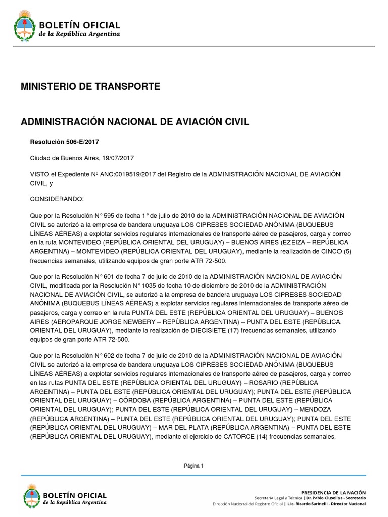 Resolución 506-E/2017 - Ministerio de Transporte | Uruguay | Líneas aéreas