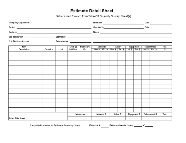 Estimate Detail Sheet for Construction Projects | PDF