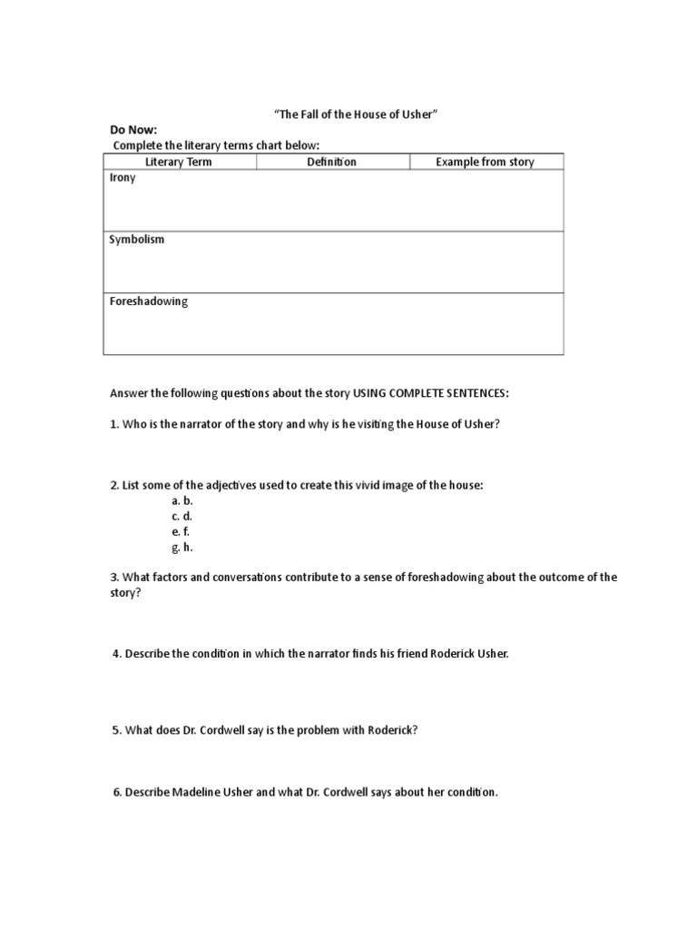 The Fall Of The House Of Usher Worksheet
