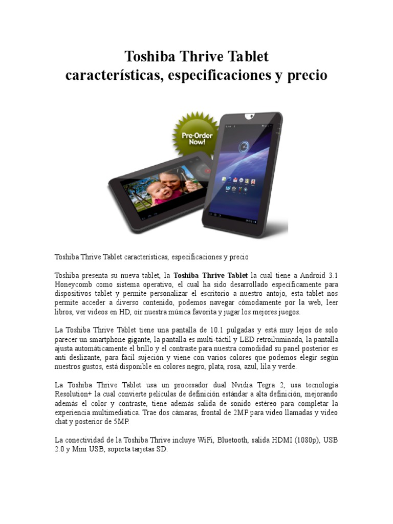 Toshiba Thrive Tablet: Especificaciones y Precio | PDF | Tableta | USB