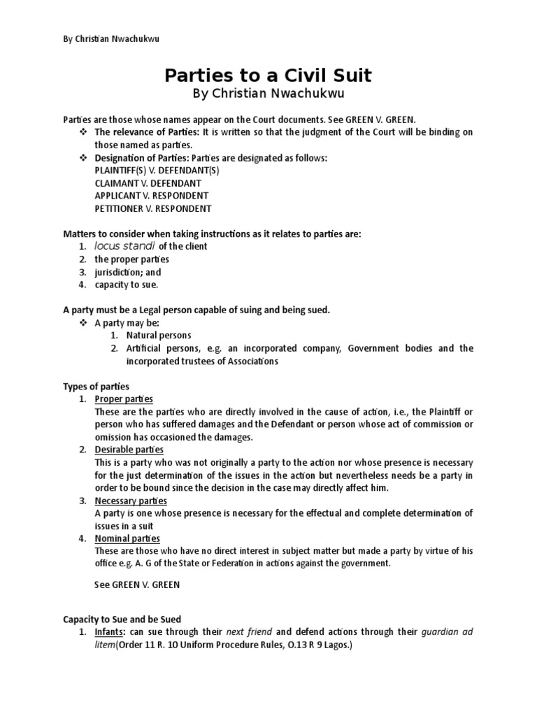Parties in Civil Suits in Nigeria | PDF | Legal Personality | Lawsuit