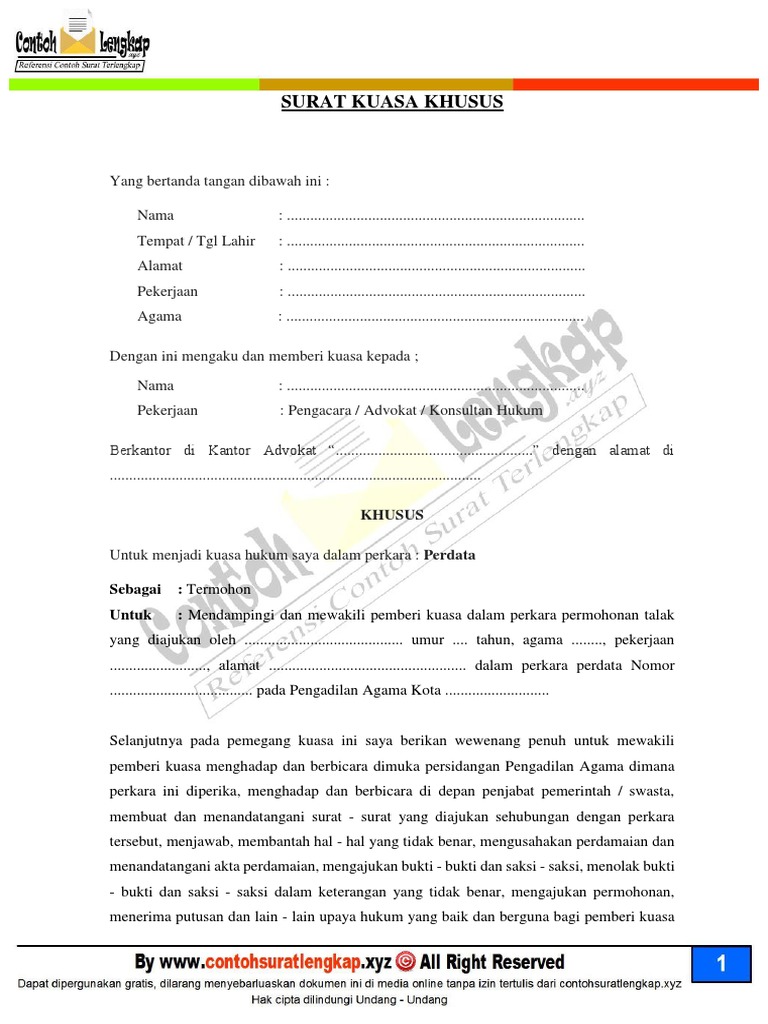 Contoh Surat Kuasa Khusus Advokat