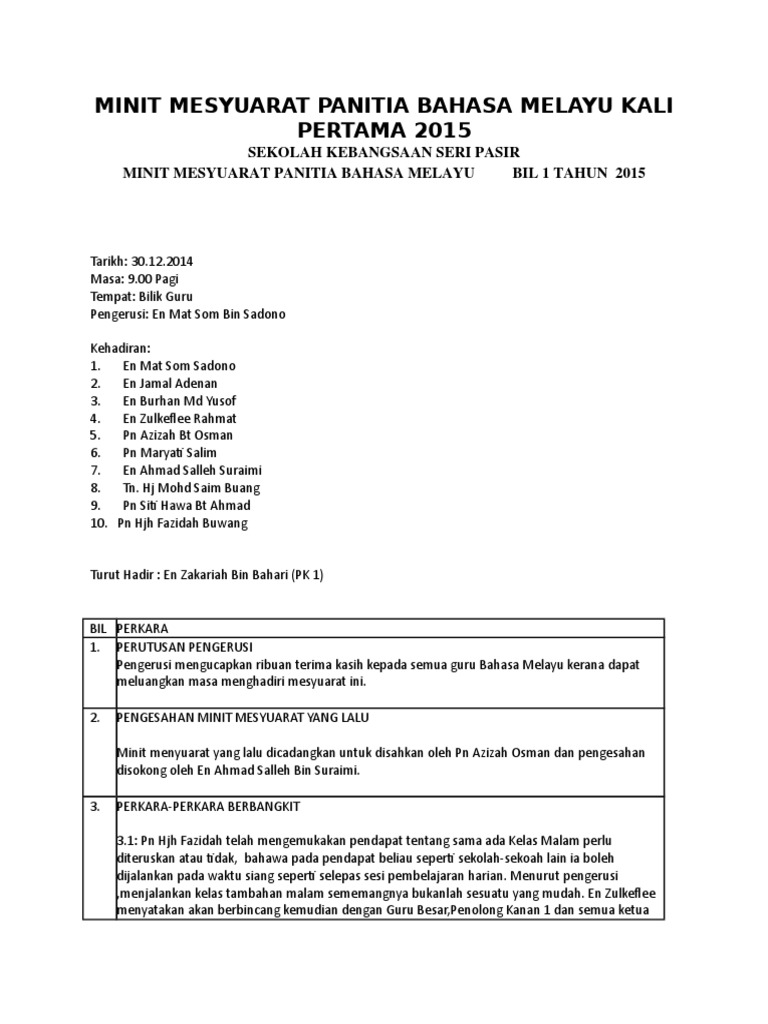 Minit Mesyuarat Panitia Bahasa Melayu Kali Pertama 2015 Doc