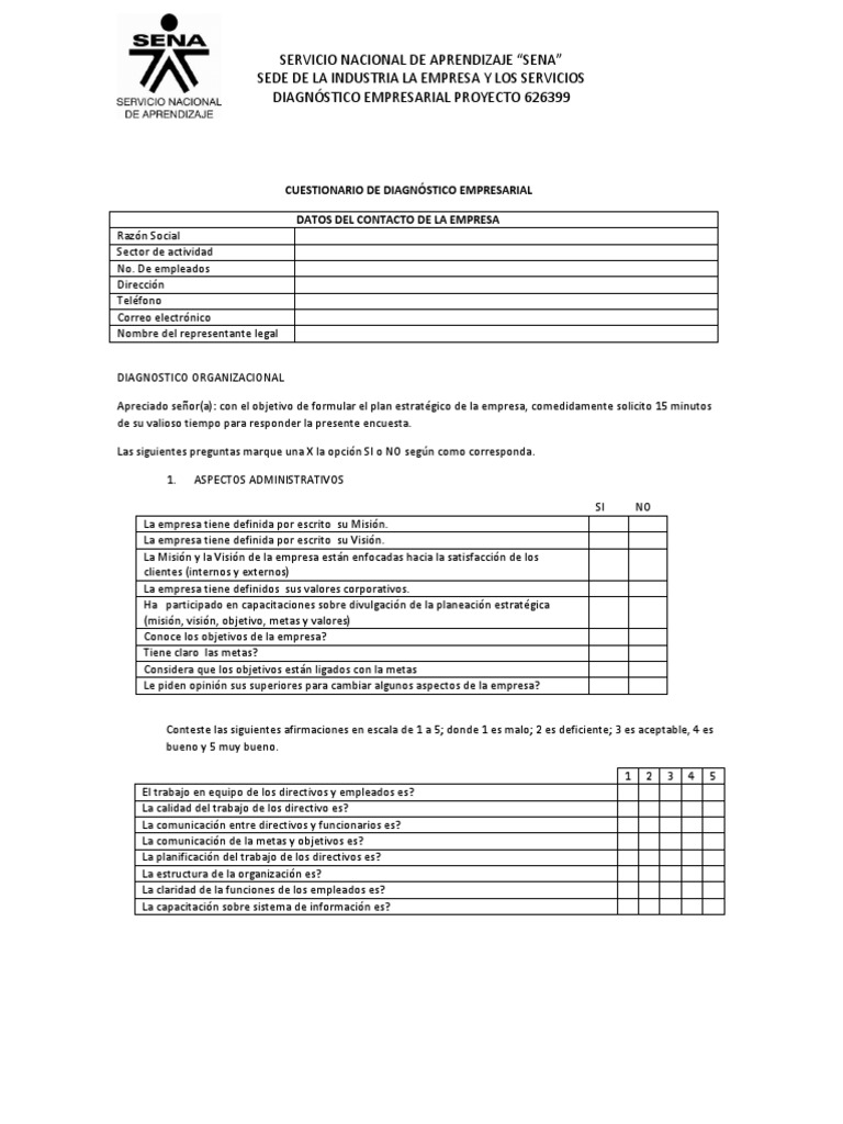 Cuestionario de Diagnóstico Empresarial Planificación