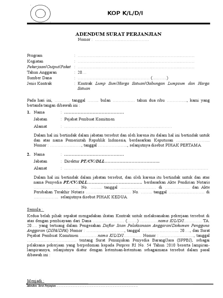 Contoh Adendum Kontrak Pekerjaan Tambah Kurang Pdf