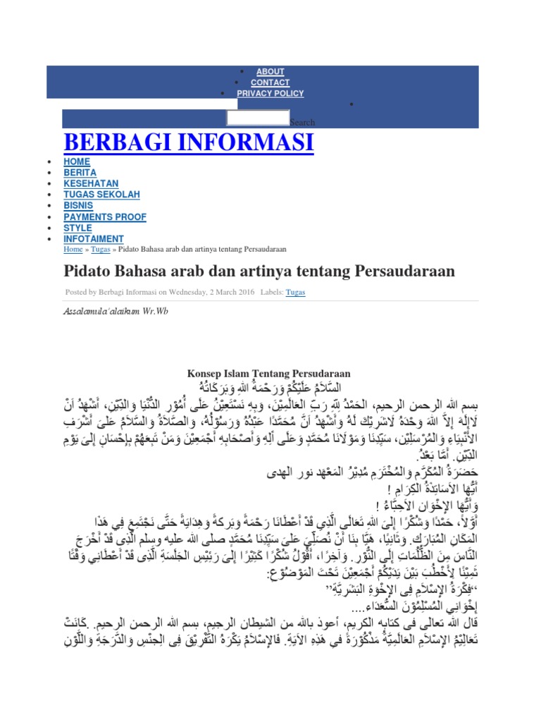 Kumpulan Ilmu Dan Pengetahuan Penting Contoh Pembukaan Pidato Bahasa Arab Dan Artinya