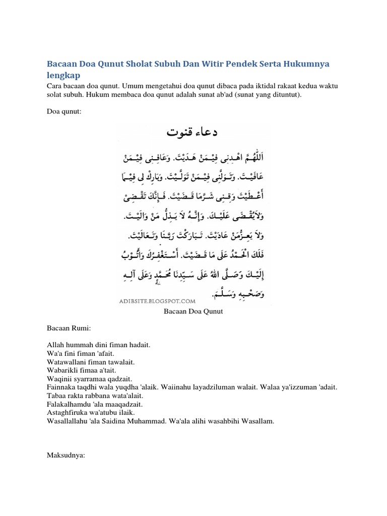Bacaan Doa Qunut Sholat Subuh Dan Witir Pendek Serta Hukumnya Lengkap Pdf