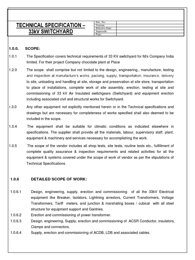 33kV Switchyard Technical Specification | PDF | Electrical Substation ...
