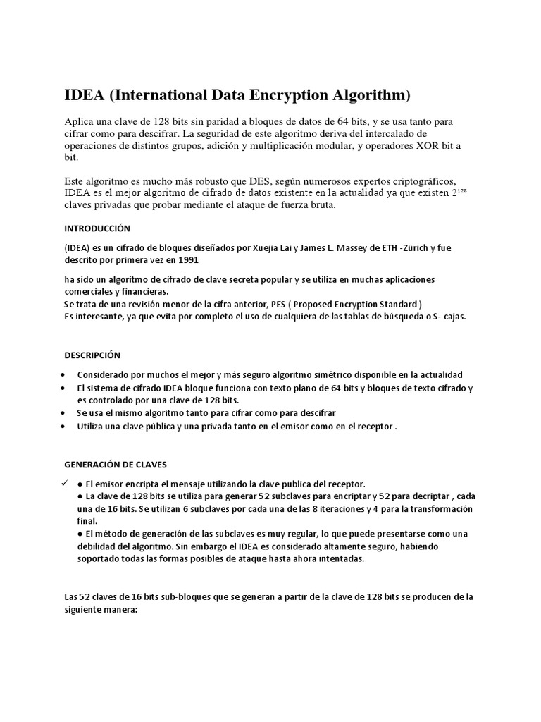 International Data Encryption Algorithm | PDF | Clave (criptografía ...