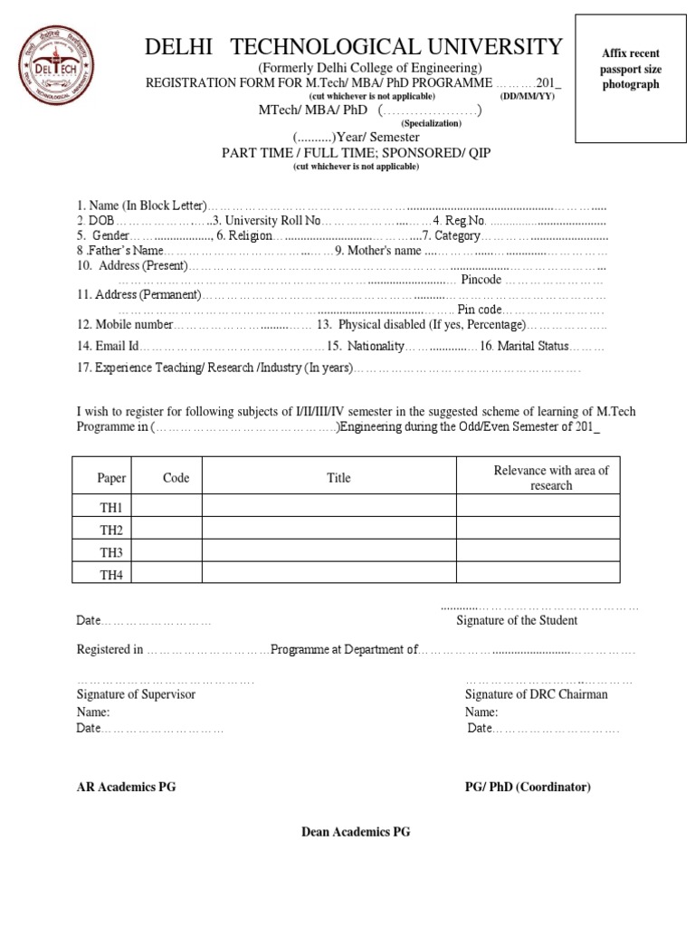 Delhi Technological University M.Tech/MBA/PhD Registration Form | PDF ...