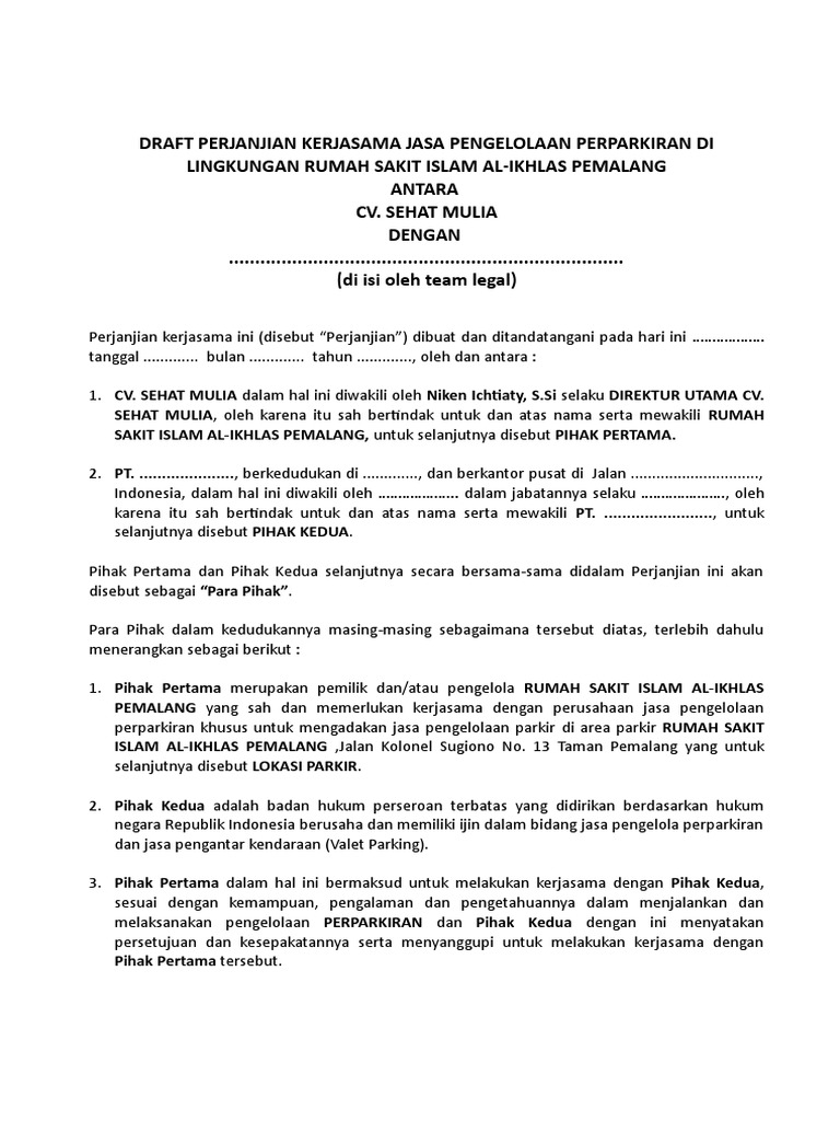 Draft Perjanjian Kerjasama Jasa Pengelolaan Perpakiran Rsi Kerjasama Pengelolaan Parkir Pada RSUD Ulin Tahun 2019-2022 D O K U M E N K U A L I F I K A S I Nomor Tanggal Pekerjaan.