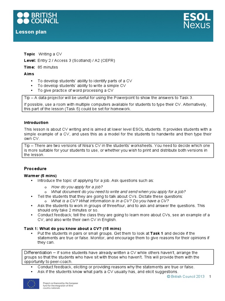 CV Writing (E2) LP Lesson Plan Cognition