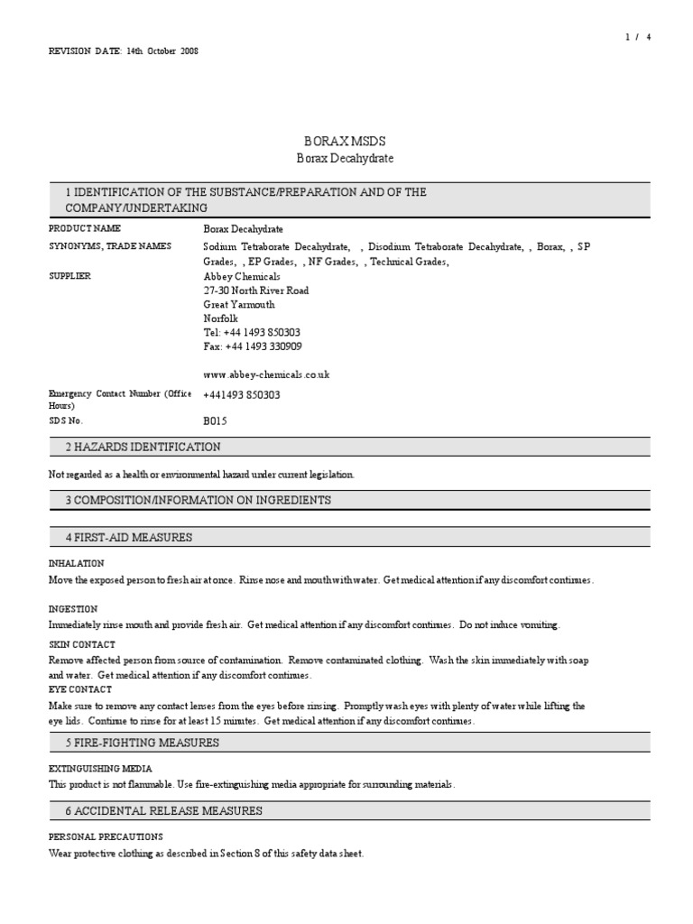 Borax Msds Safety Occupational Safety And Health