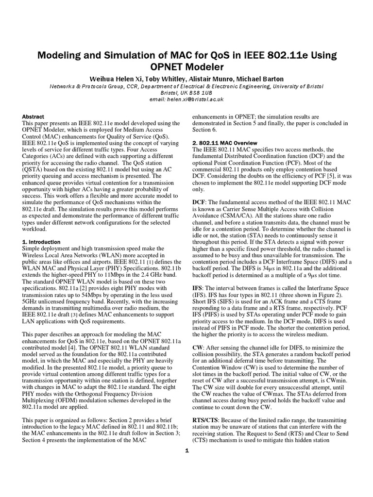 IEEE 802.11e MAC QoS Modeling in OPNET | PDF | Ieee 802.11 | Data ...