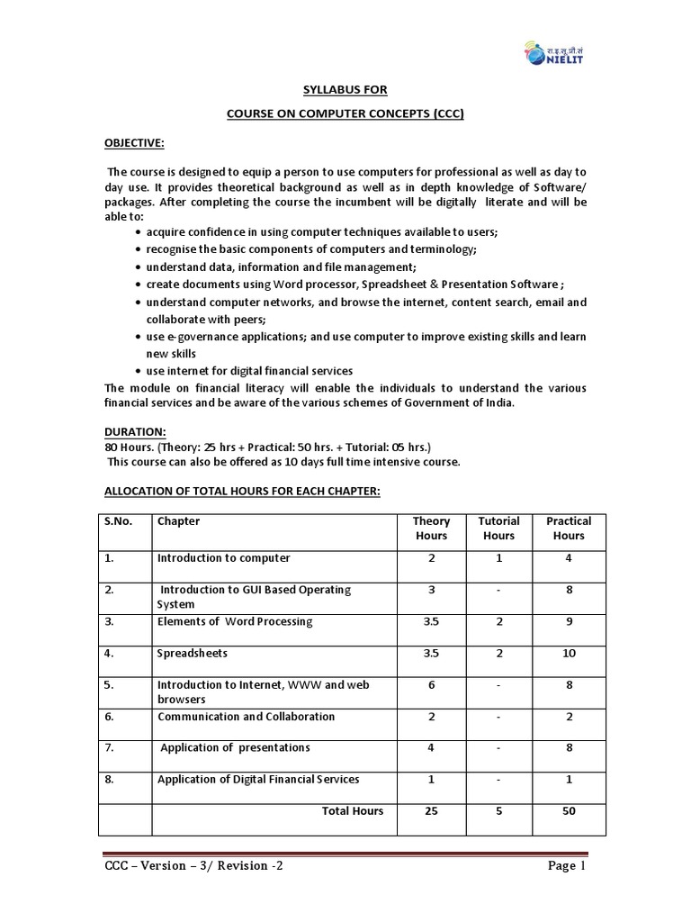 Syllabus For Course On Computer Concepts (CCC) : Objective | PDF