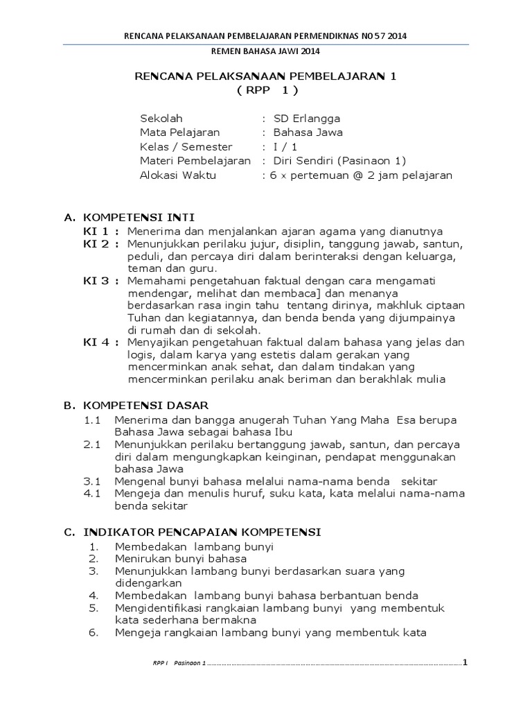 Rpp Bahasa Jawa Kelas 1 Semester 1 Pasinaon 1
