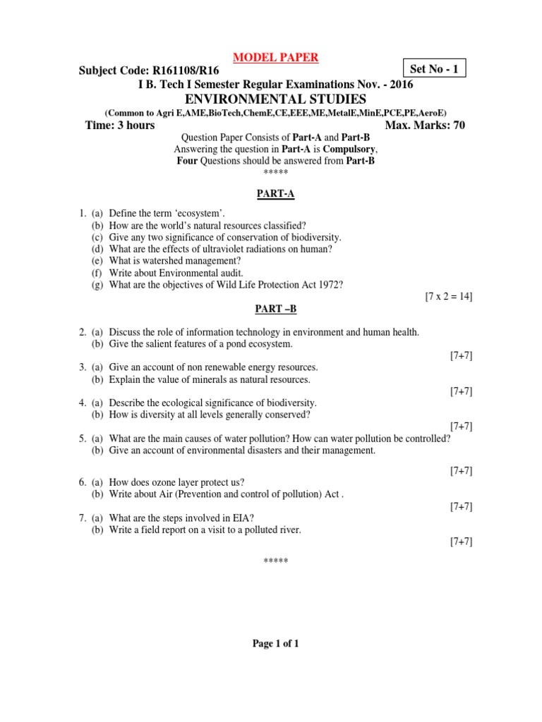 Model Paper Environmental Studies 1 1 r16 PDF Biodiversity Resource