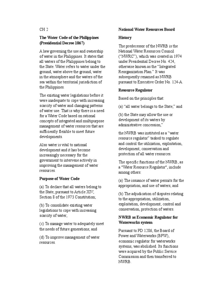 Ch2 Water Code Handout PDF Water Resources Water Supply