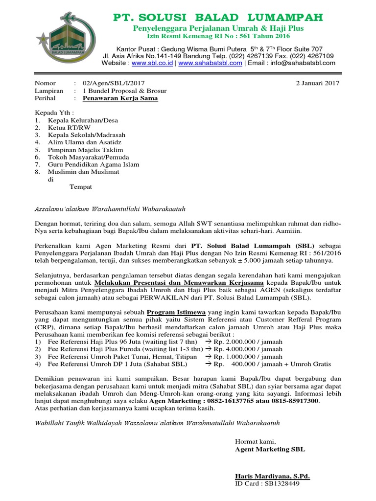 Contoh Surat Penawaran Kerjasama Travel Umroh
