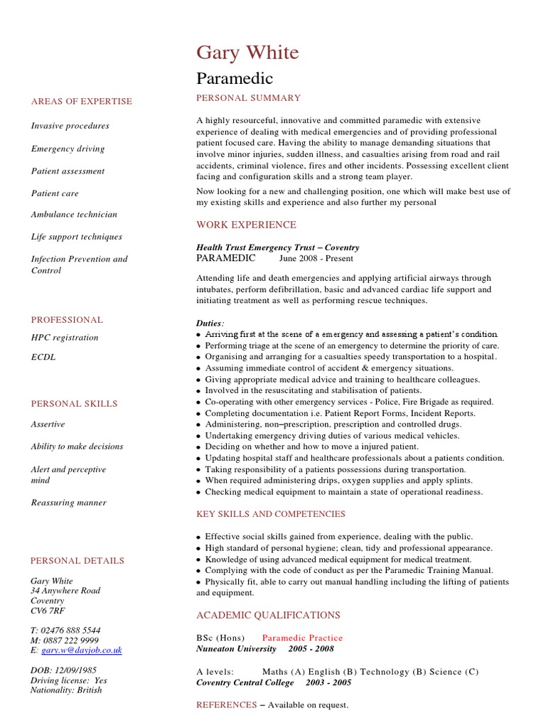 Paramedic Cv Sample Emergency Department Paramedic