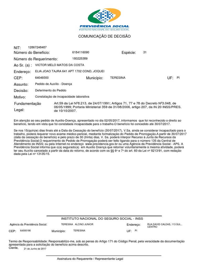 Carta Concessão Auxilio Inss  Aposentadoria  Informação Governamental