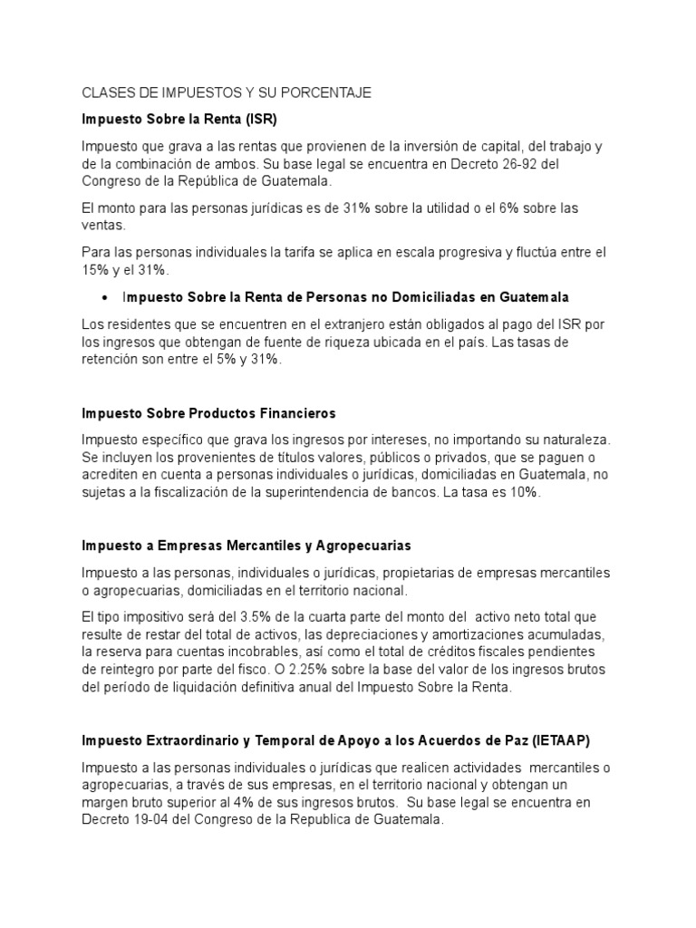 Clases de Impuestos y Su Porcentaje | PDF | Impuesto sobre la renta ...
