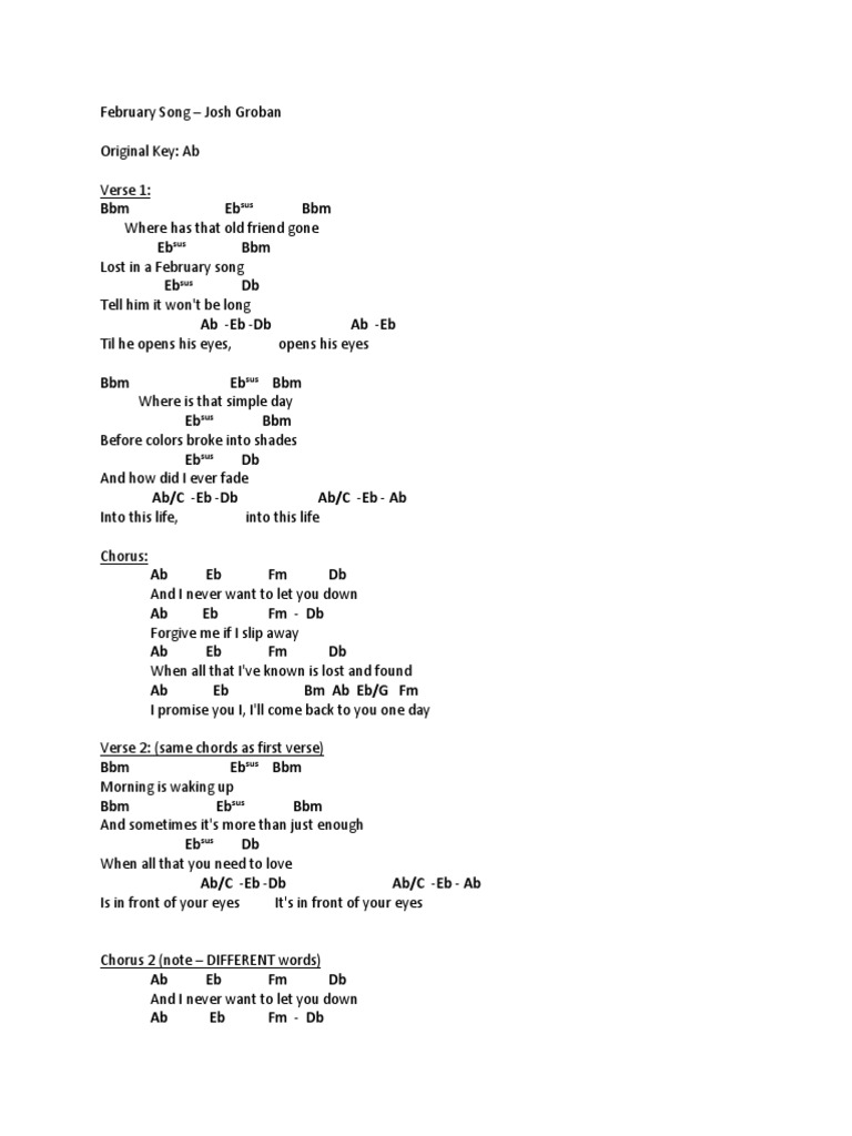 February Song Josh Groban Ab Piano Chords Song Structure Songs